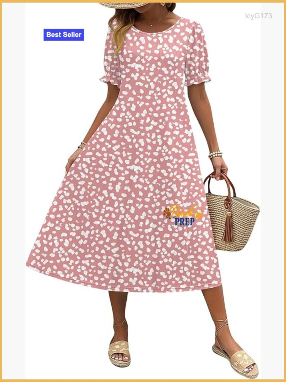 Summer Midi Dress with Puff Sleeves Pockets Flowy Pleated Casual Sundress
